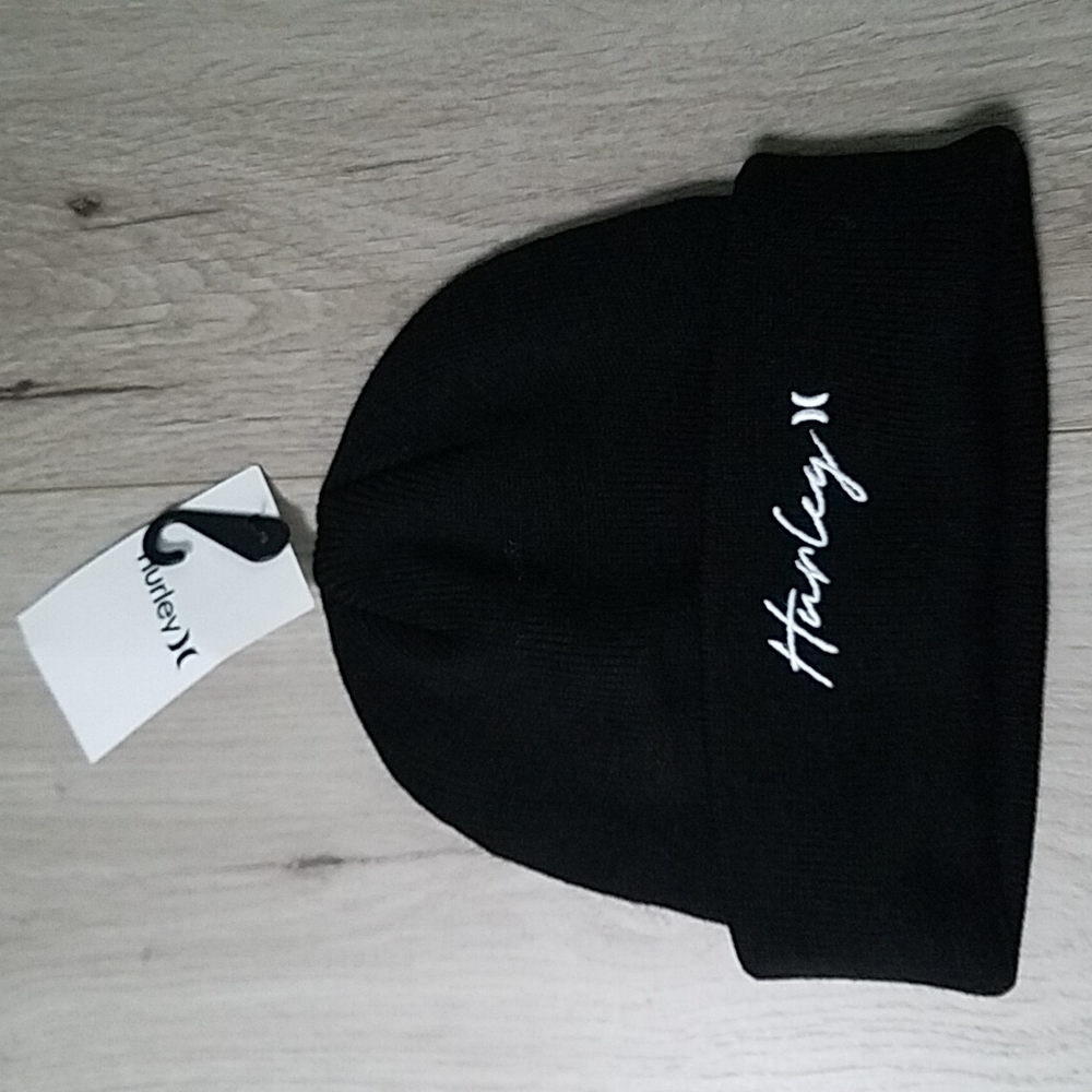 Hurley Script Logo Cuff Adult Beanie Black Cold Weather Head Wear Hat